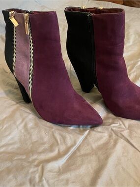 Shoe Dazzle Burgundy and Black Suede Pointed Ankle Boots with Gold Zippers